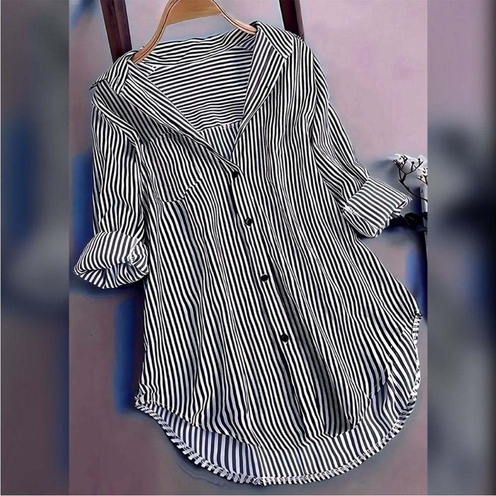 NEW! Lightweight Black/White Pinstripe Button Down Longer Length Shirt!